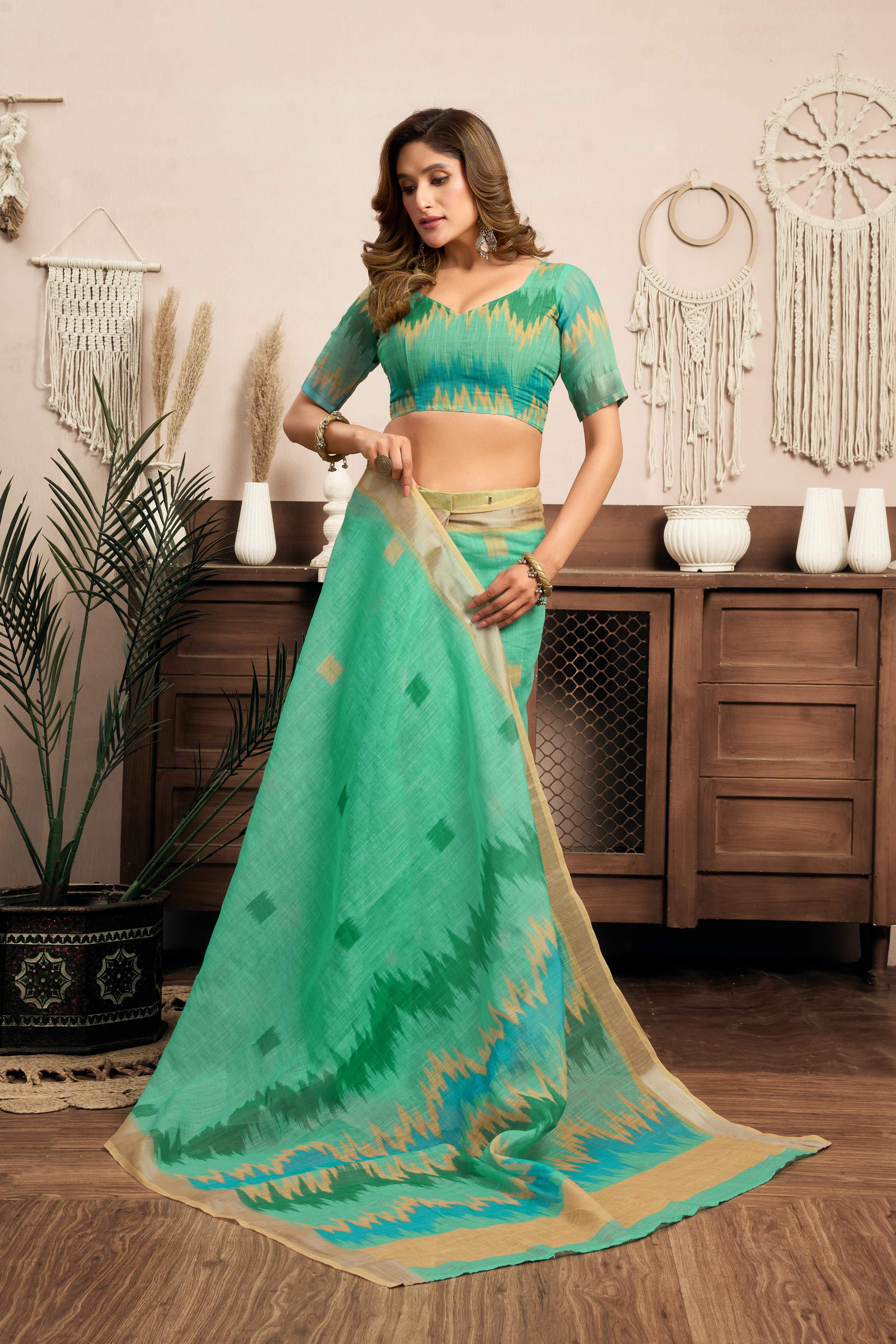 Mint Green Printed Linen Ready-to-Wear Saree with Blouse Piece