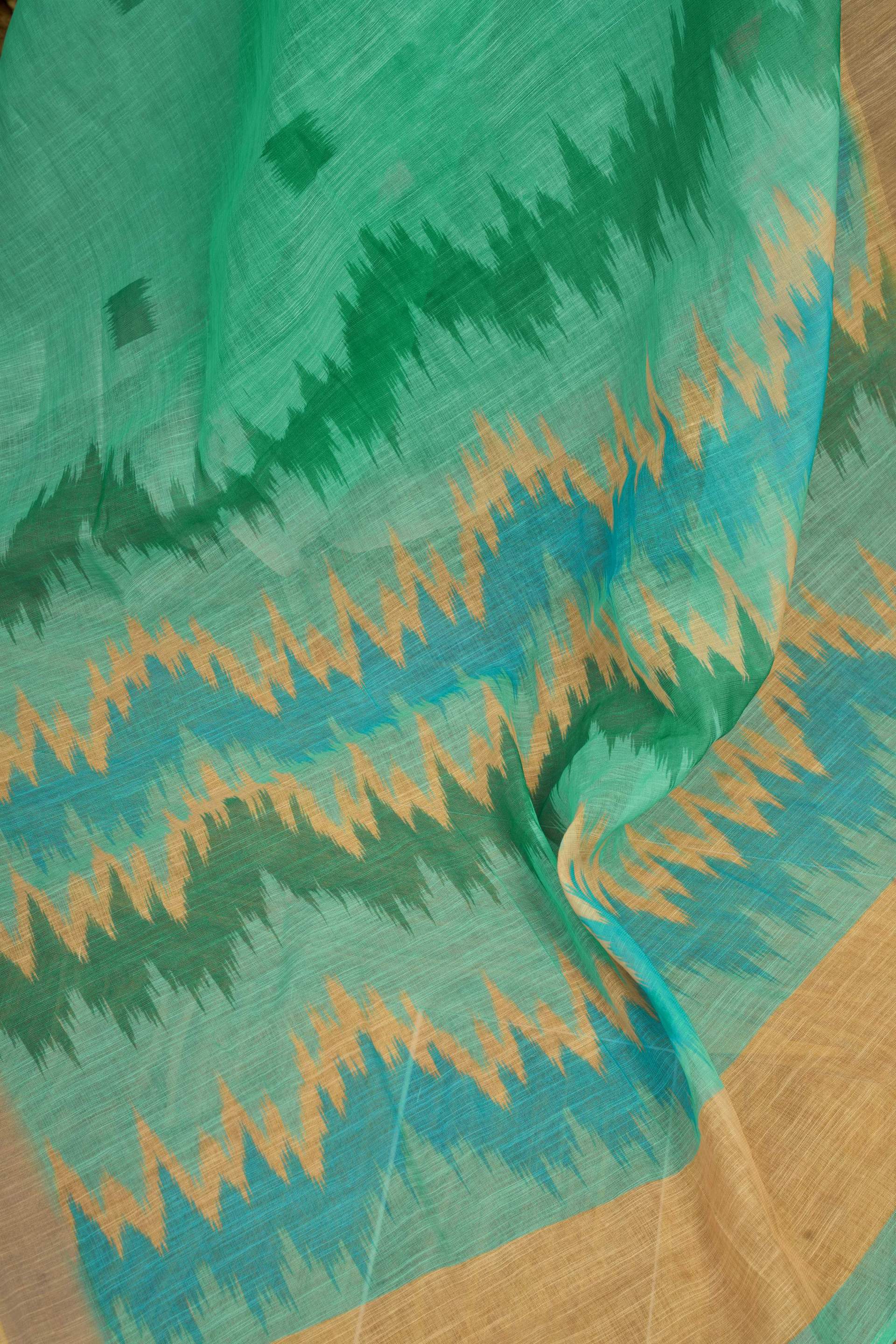 Mint Green Printed Linen Ready-to-Wear Saree with Blouse Piece