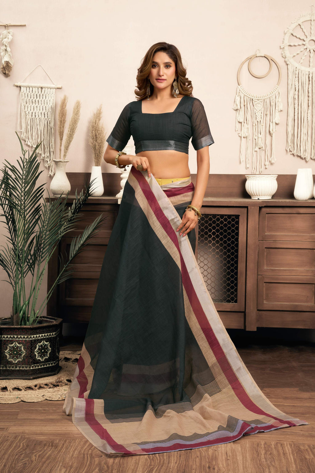 Black Printed Linen Ready To Wear Saree with Unstitched Blouse