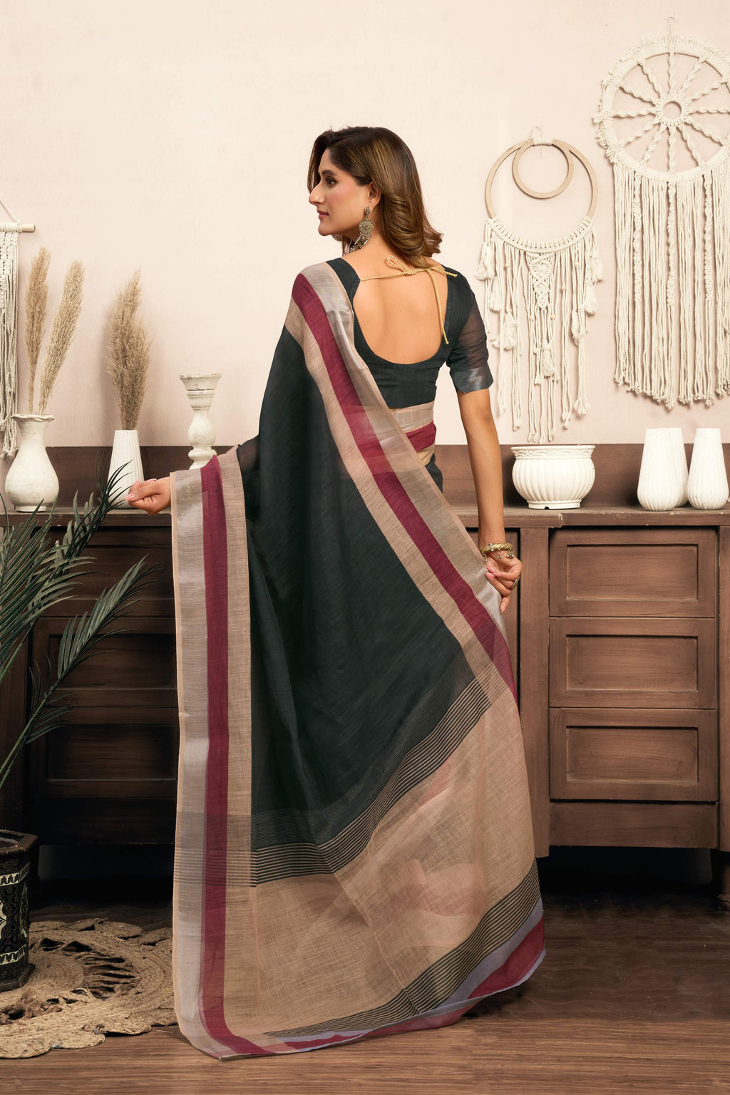 Black Printed Linen Ready To Wear Saree with Unstitched Blouse