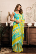 Mint green printed linen ready-to-wear saree with unstitched blouse