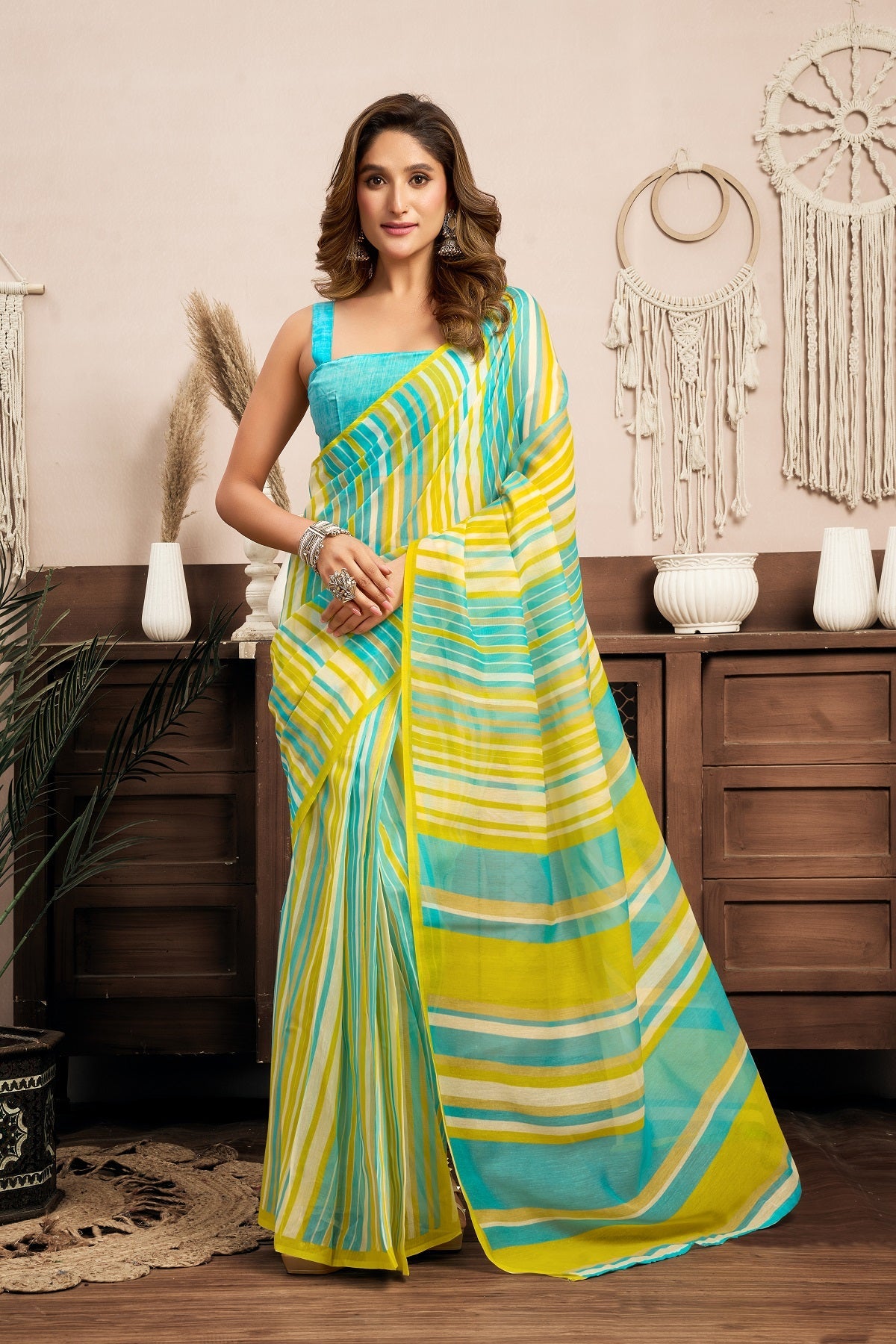Mint Green Printed Linen Ready To Wear Saree with Blouse