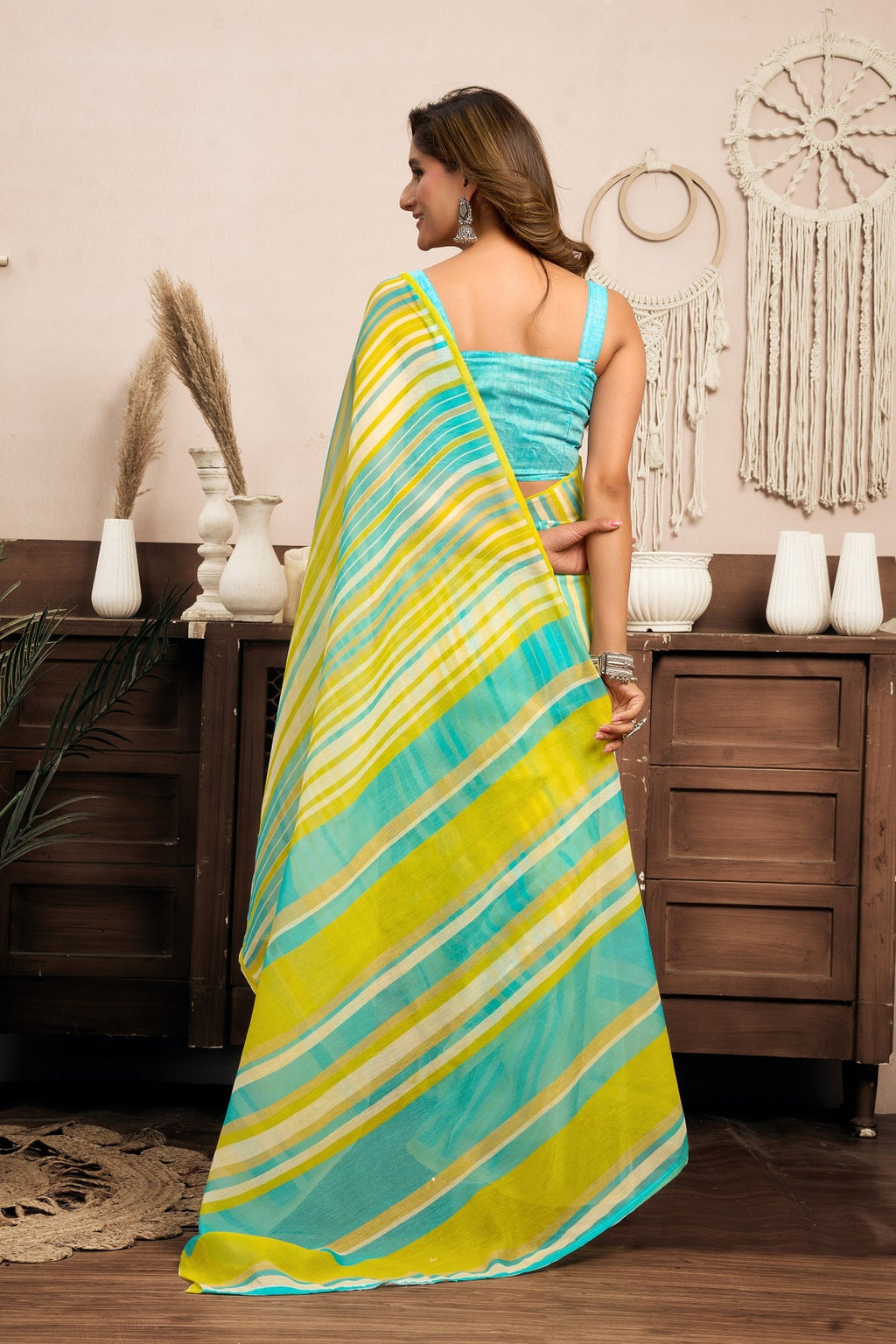 Mint Green Printed Linen Ready To Wear Saree with Blouse