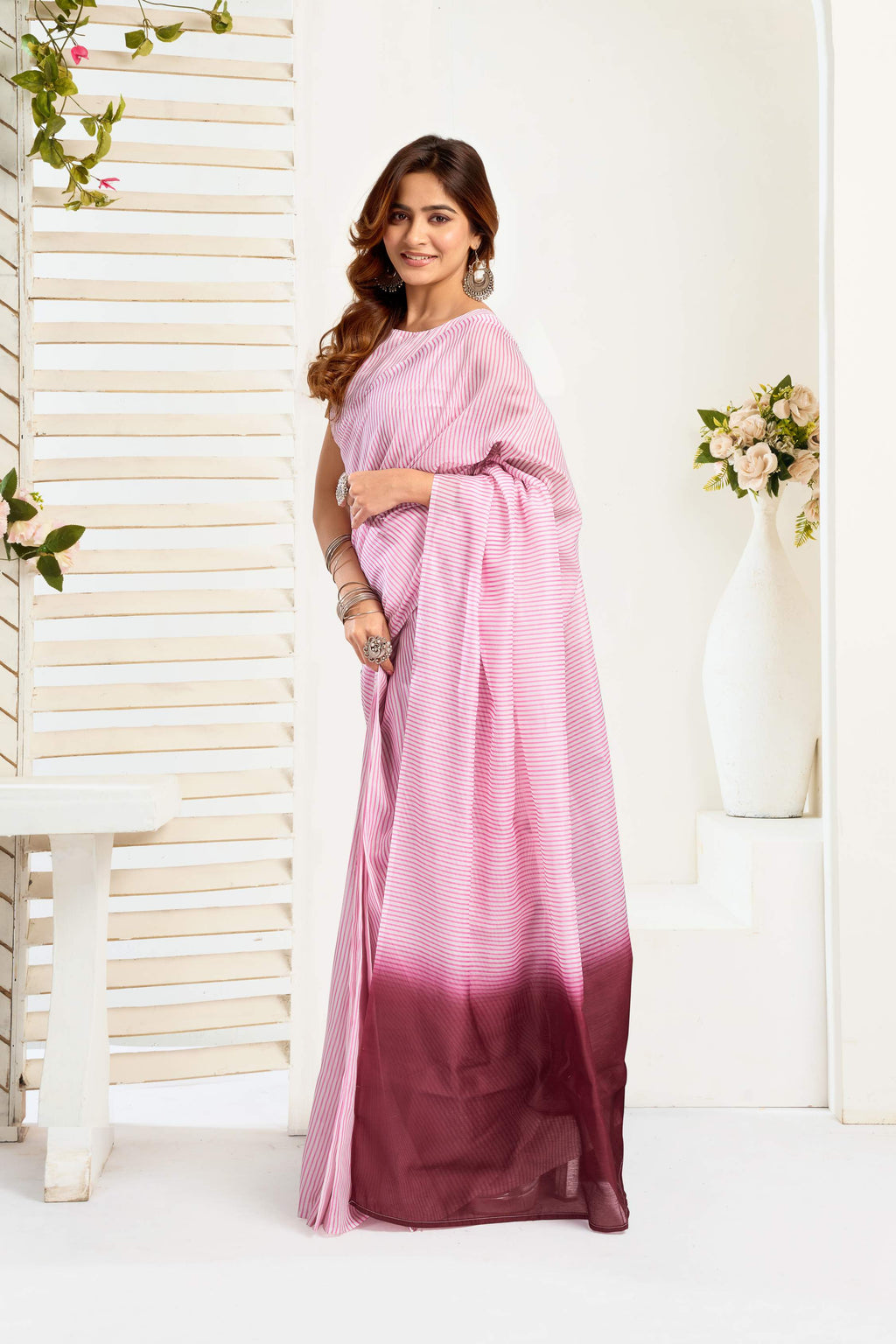 Pink Printed Linen Ready-to-Wear Saree with Blouse Piece