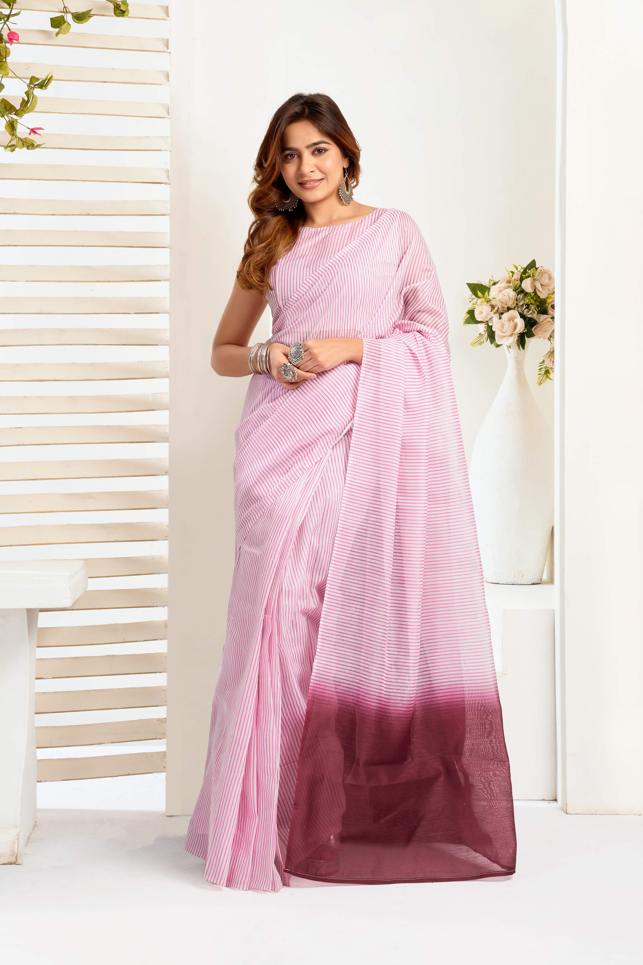 Pink printed linen ready-to-wear saree with included unstitched blouse
