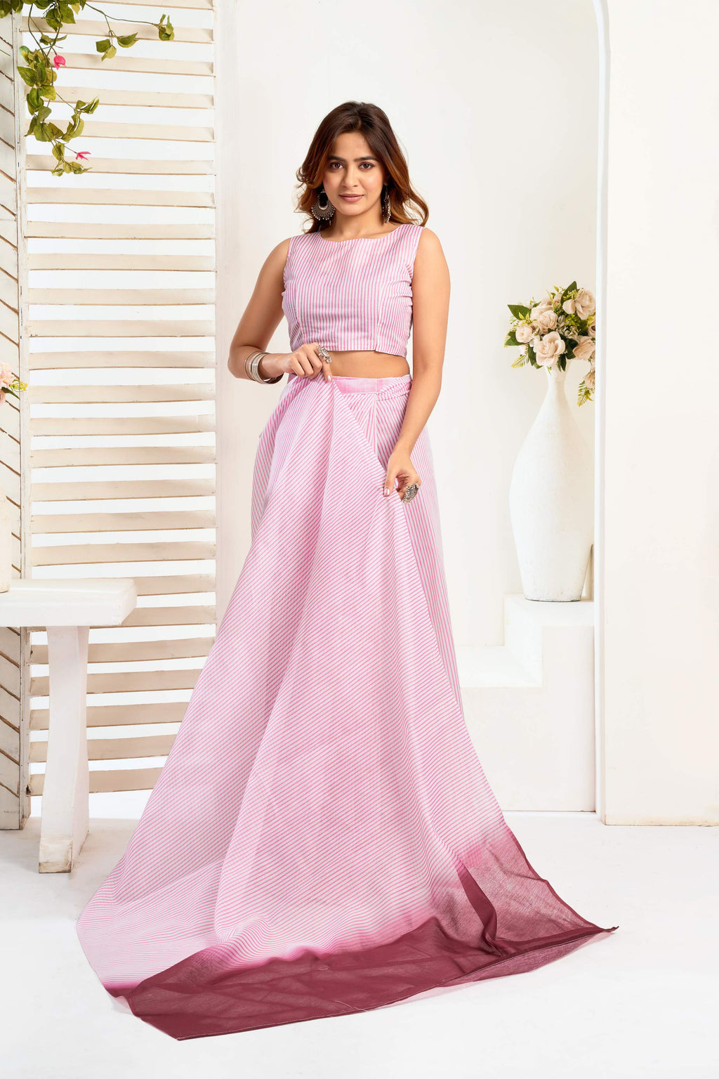 Pink Printed Linen Ready-to-Wear Saree with Blouse Piece