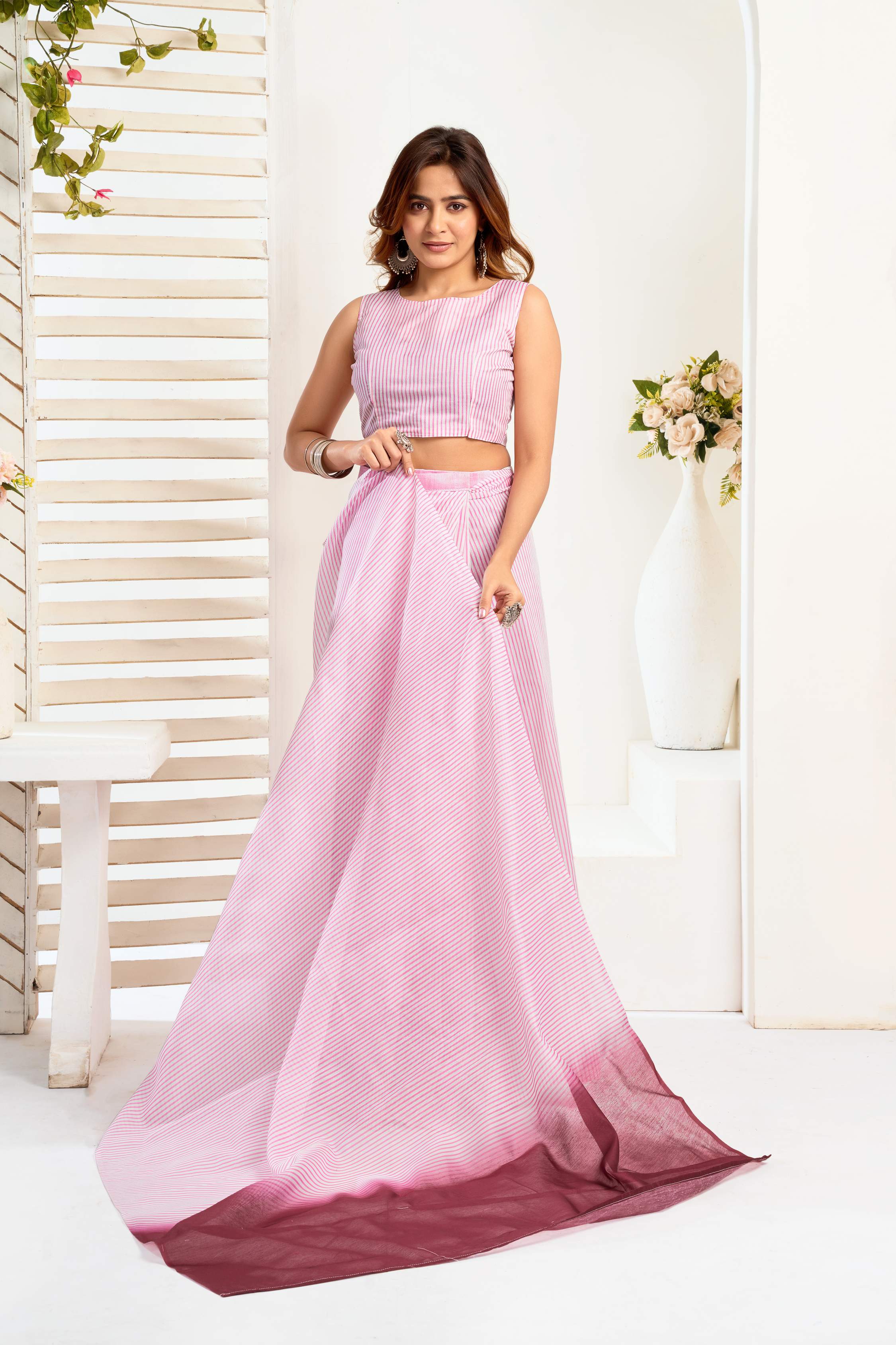 Pink Printed Linen Ready-to-Wear Saree with Blouse Piece