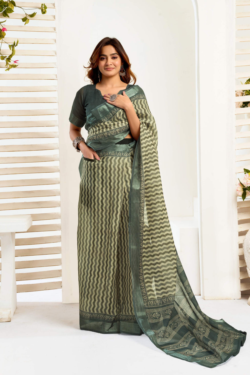 Dark Green linen printed ready-to-wear saree with unstitched blouse