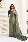 Dark Green linen printed ready-to-wear saree with unstitched blouse