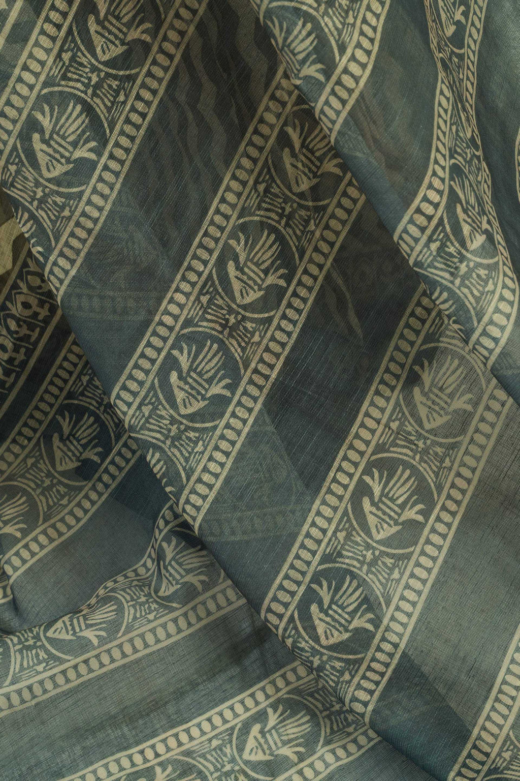 Dark Green Printed Linen Ready-To-Wear Party Saree