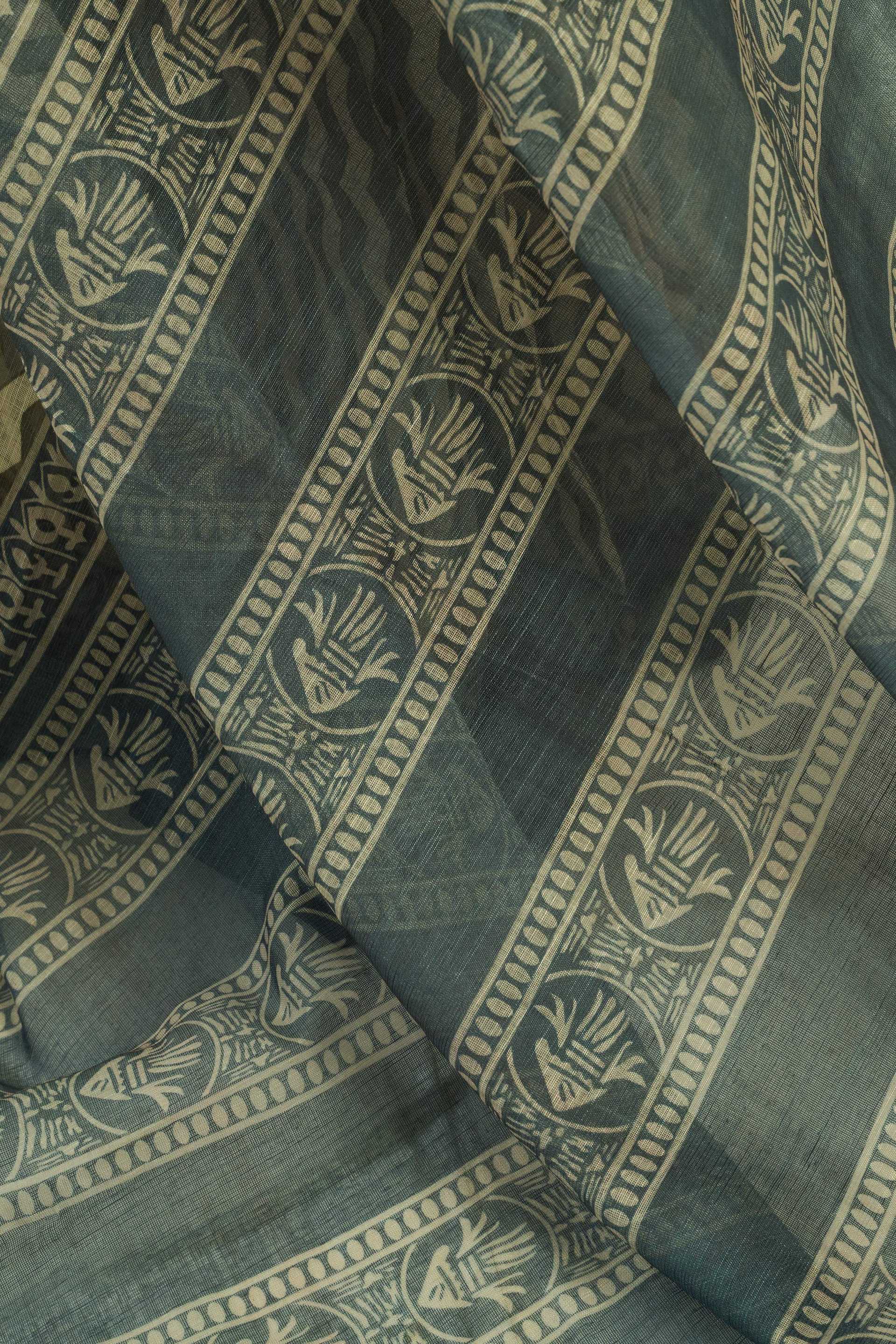 Dark Green Printed Linen Ready-To-Wear Party Saree