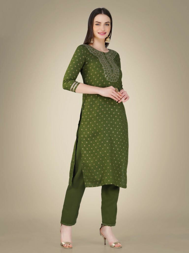 Mehendi Green Geometric Cotton Magic Slub Kurta Set with Gold