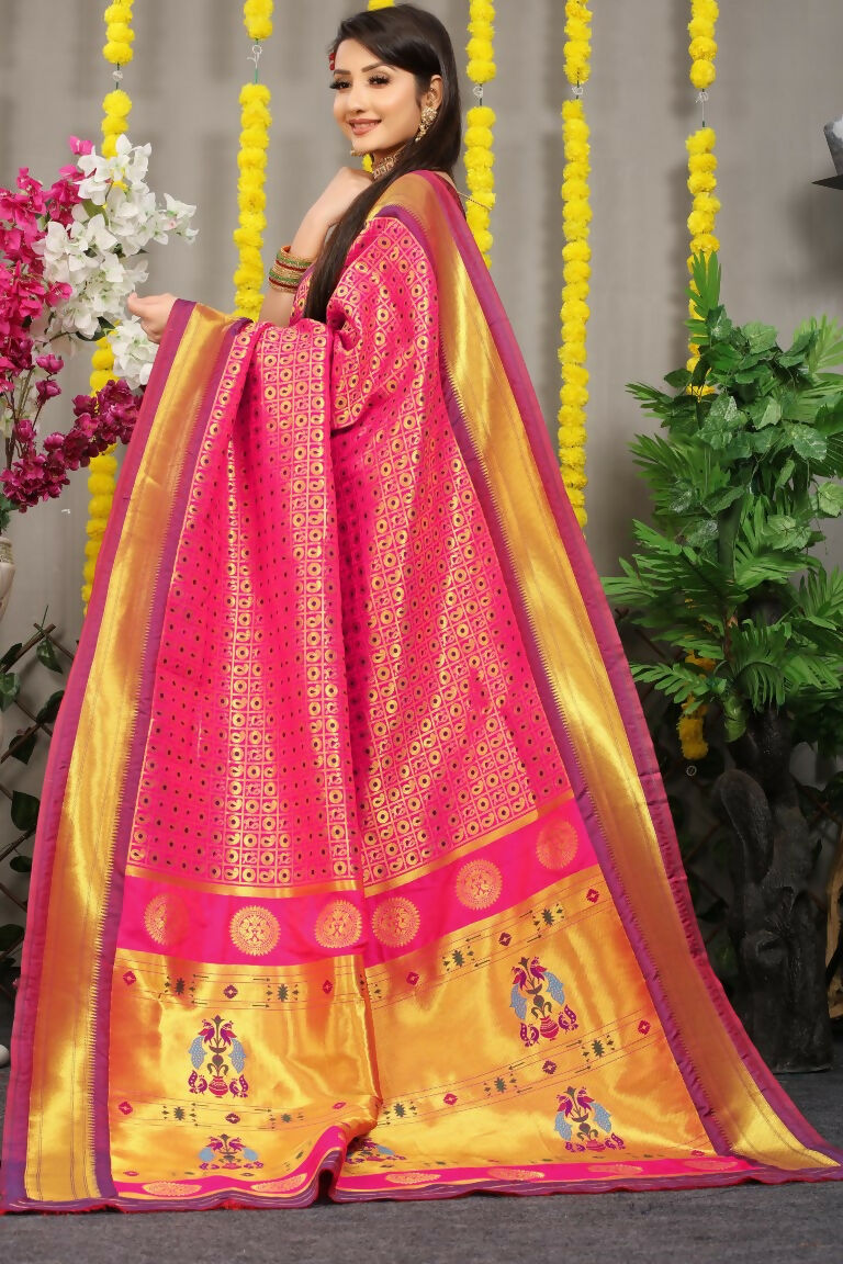 Pink Banarasi Silk Saree with Zari Woven Detail and Purple Blouse
