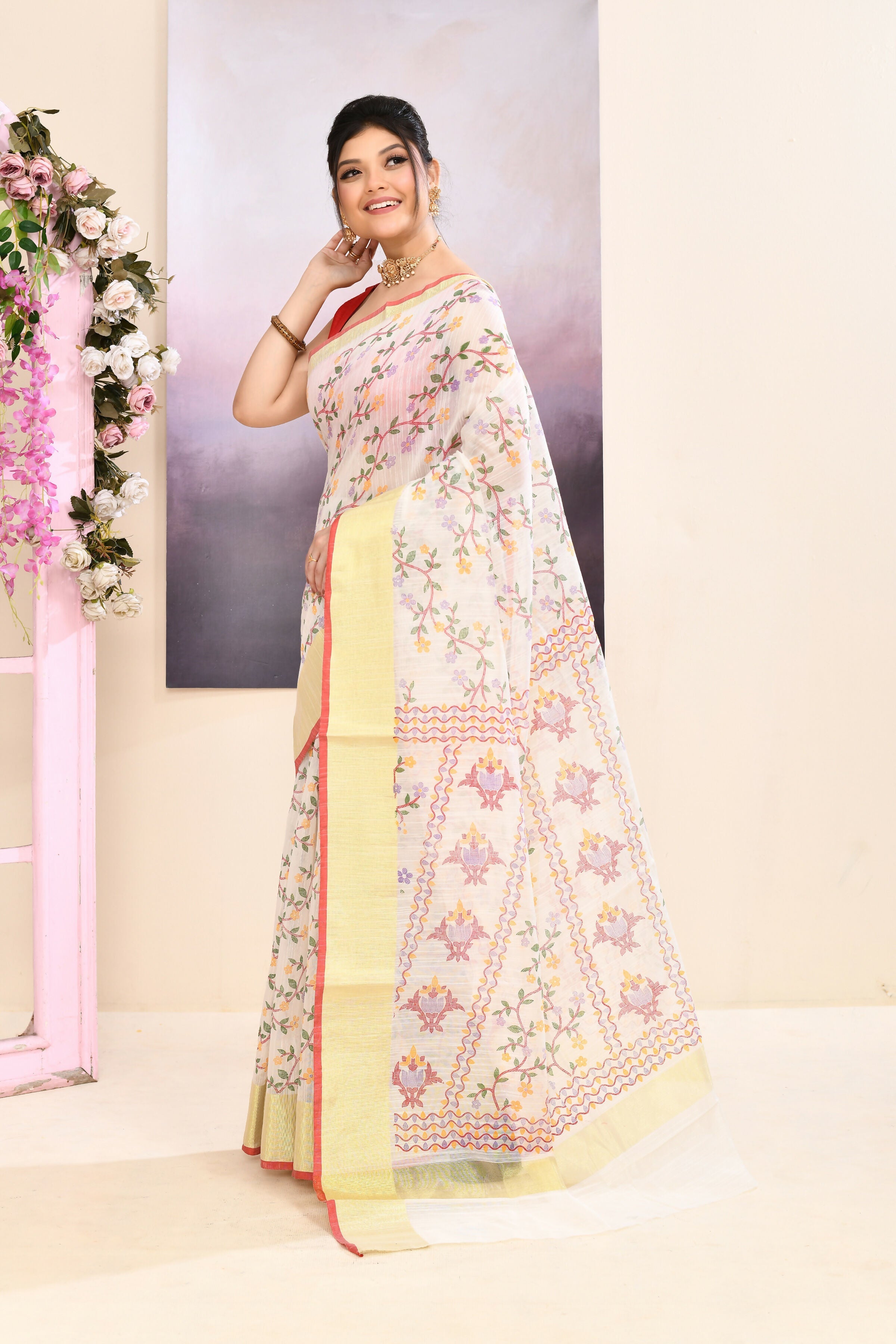 Women's White Printed Cotton Blend Saree with Embellishments