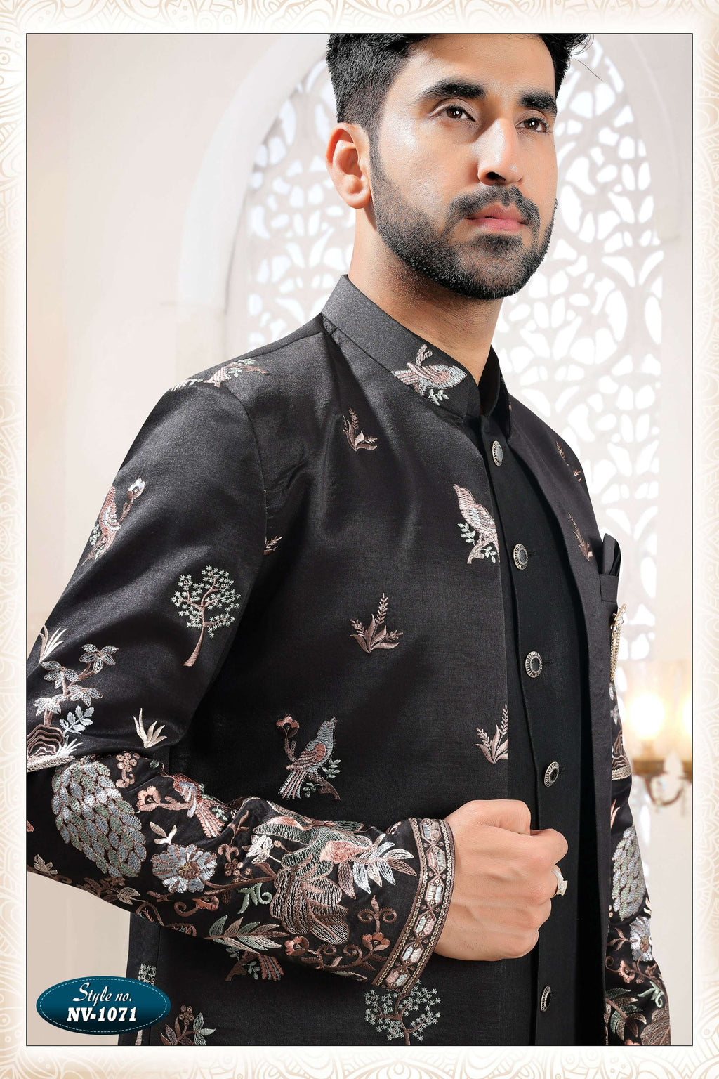 Men's Black Silk Straight Kurta Set with Sequence Embroidery