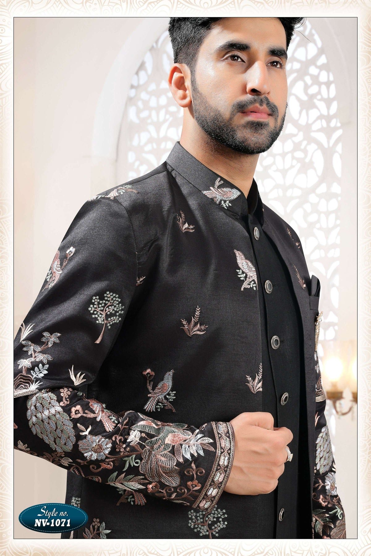 Men's Black Silk Straight Kurta Set with Sequence Embroidery