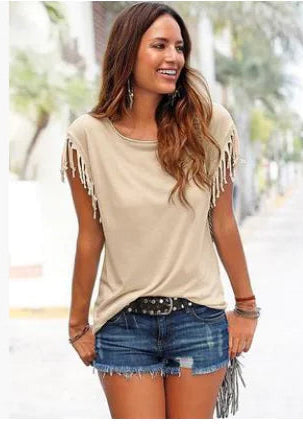Women's Fringe Sleeve Casual T-Shirt Top - Image 2