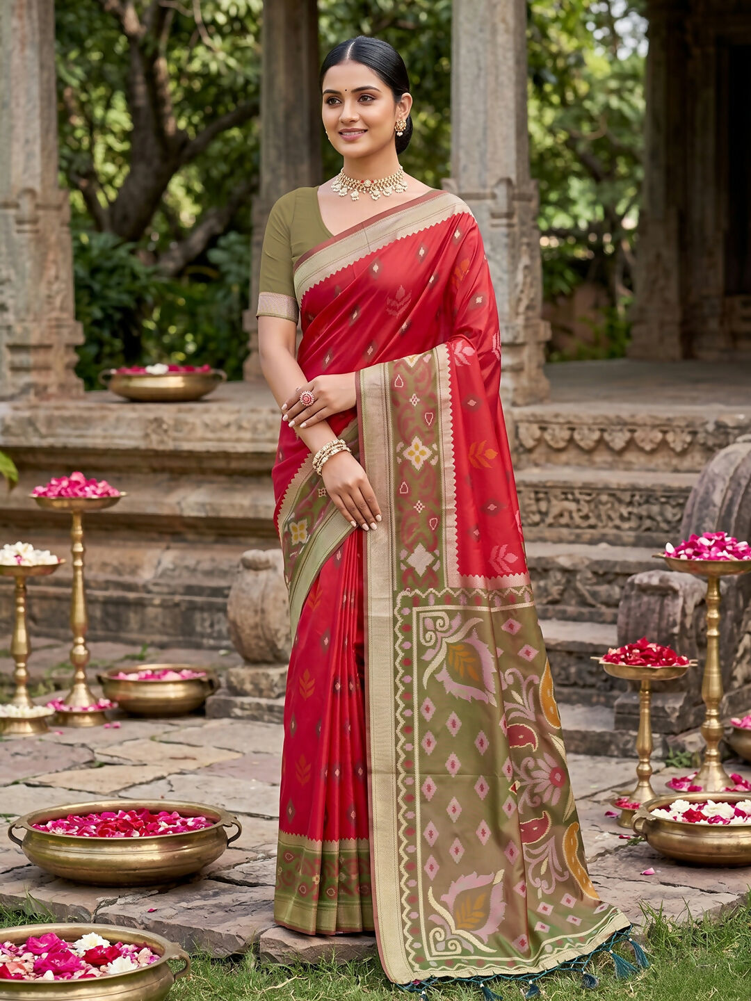 Vibrant red soft silk saree with matching blouse