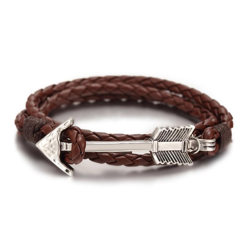 Vintage Multilayer Leather Anchor Bracelet with Bronze Arrow