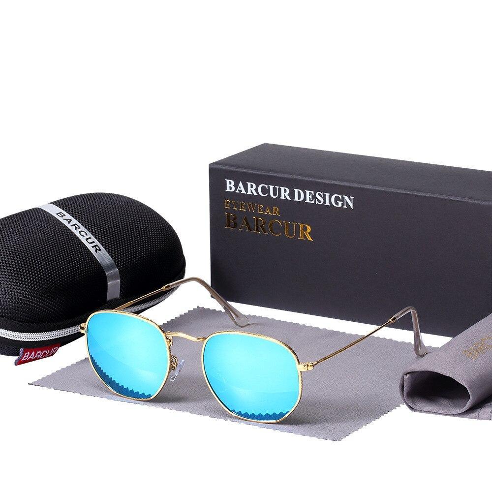 Unisex gold and blue hexagon stainless steel sunglasses
