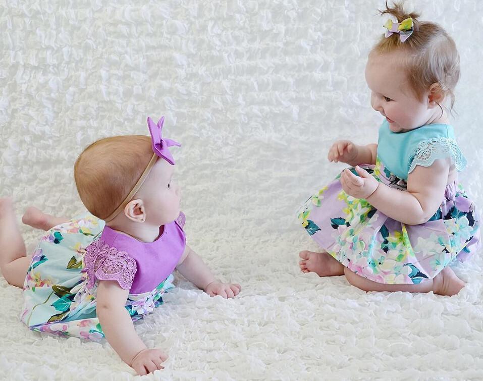 Baby Girl Floral Romper Dress in Purple or Teal with Headband
