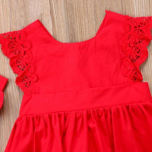 Red Lace Ruffle Romper Dress with Headband for Baby Girls