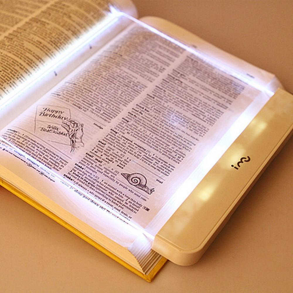 Flat LED panel book light in white and translucent plastic for travel and night reading.