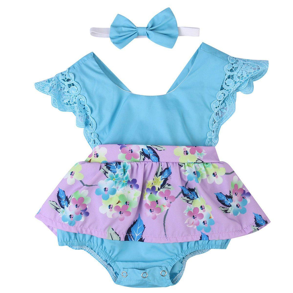 Baby Girl Floral Romper Dress in Purple or Teal with Headband