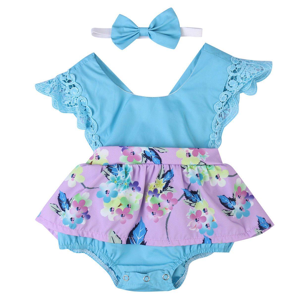 Baby Girl Floral Romper Dress in Purple or Teal with Headband