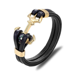 Multi-Layer Leather & Stainless Steel Nautical Charm Bracelet
