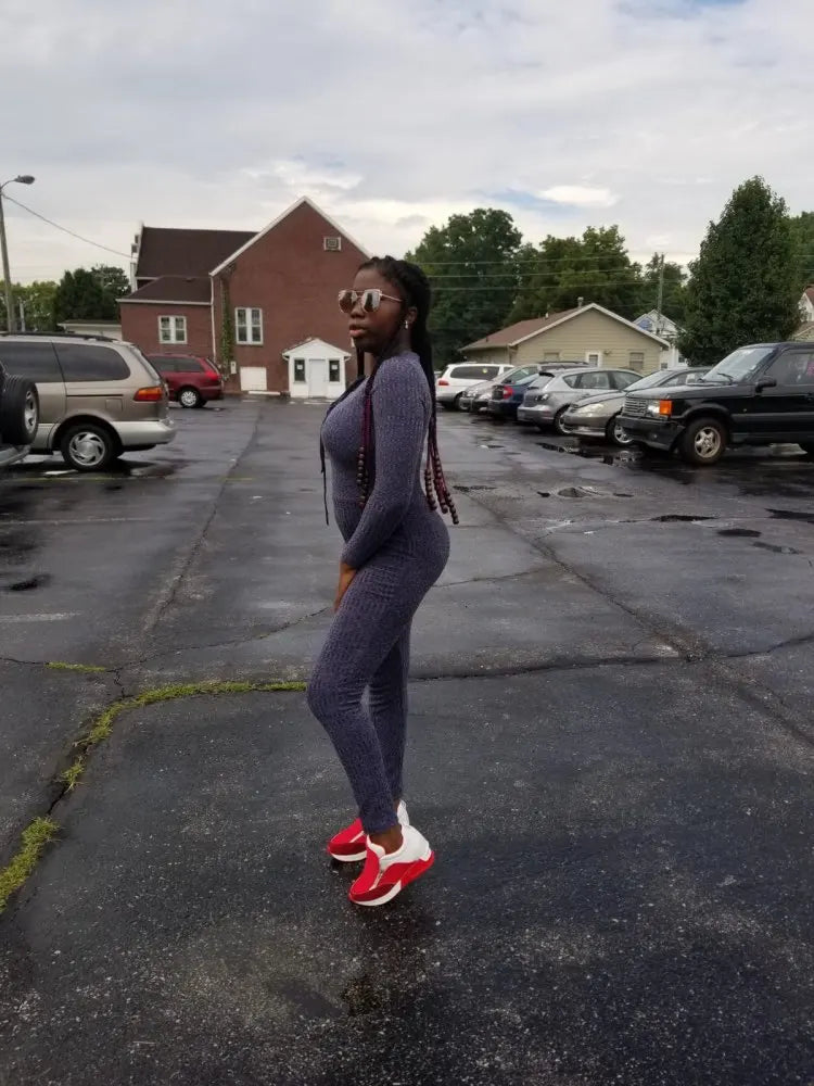 Women's Knit Bodycon Jumpsuit Long Sleeve V-Neck Grey