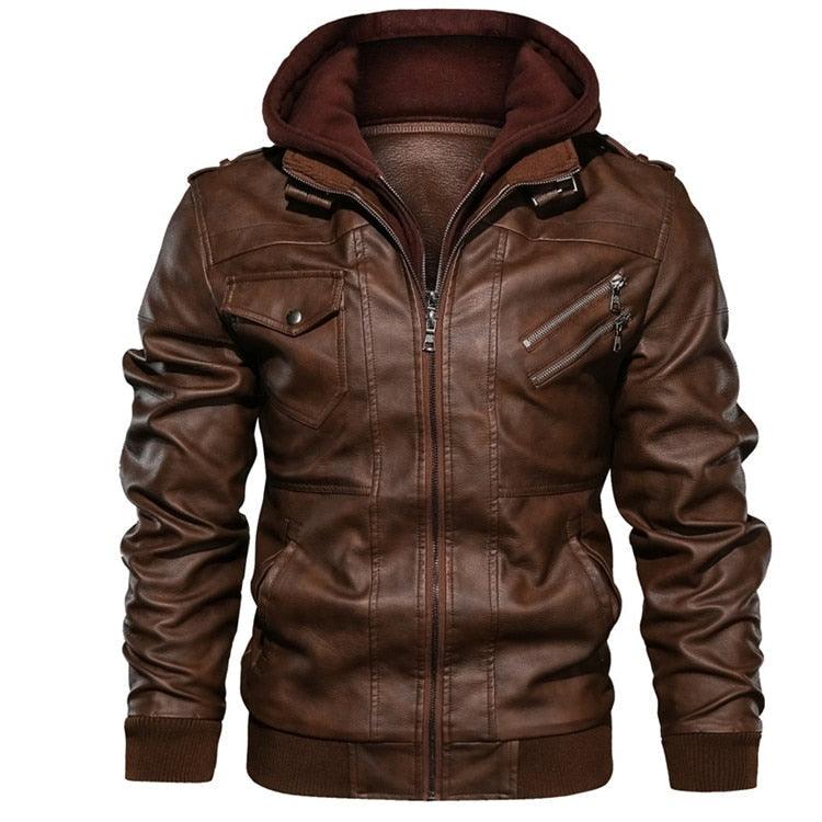 Men's Vintage Motorcycle Jacket with Removable Hood - Black Biker Coat