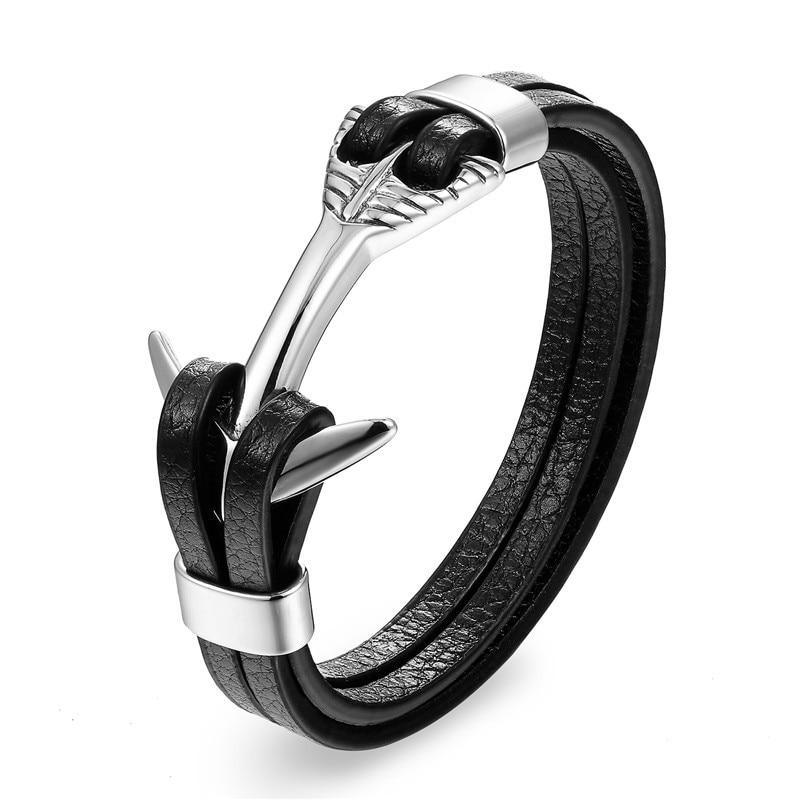 Men's Multi-Layer Braided Leather Anchor and Lion Charm Bracelet