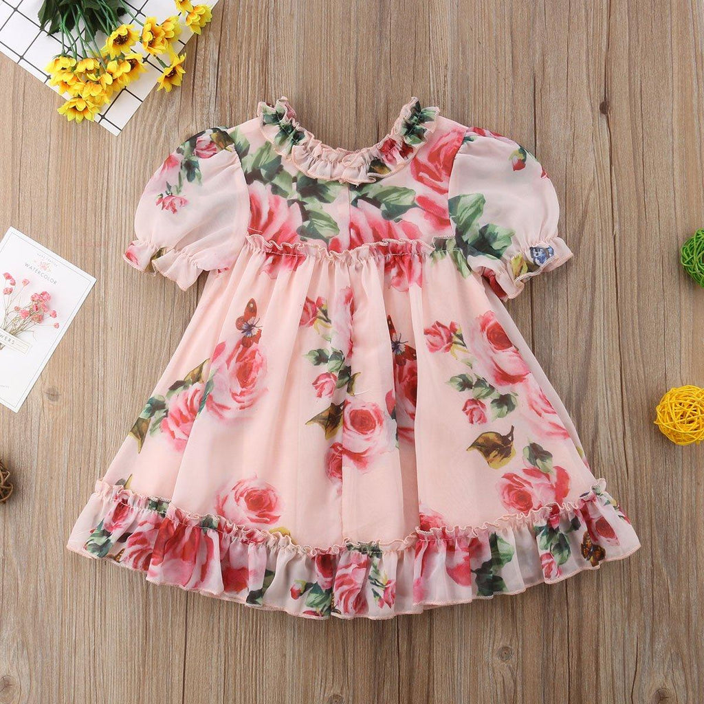 Floral Chiffon A-Line Dress with Lace Ruffle Sleeves