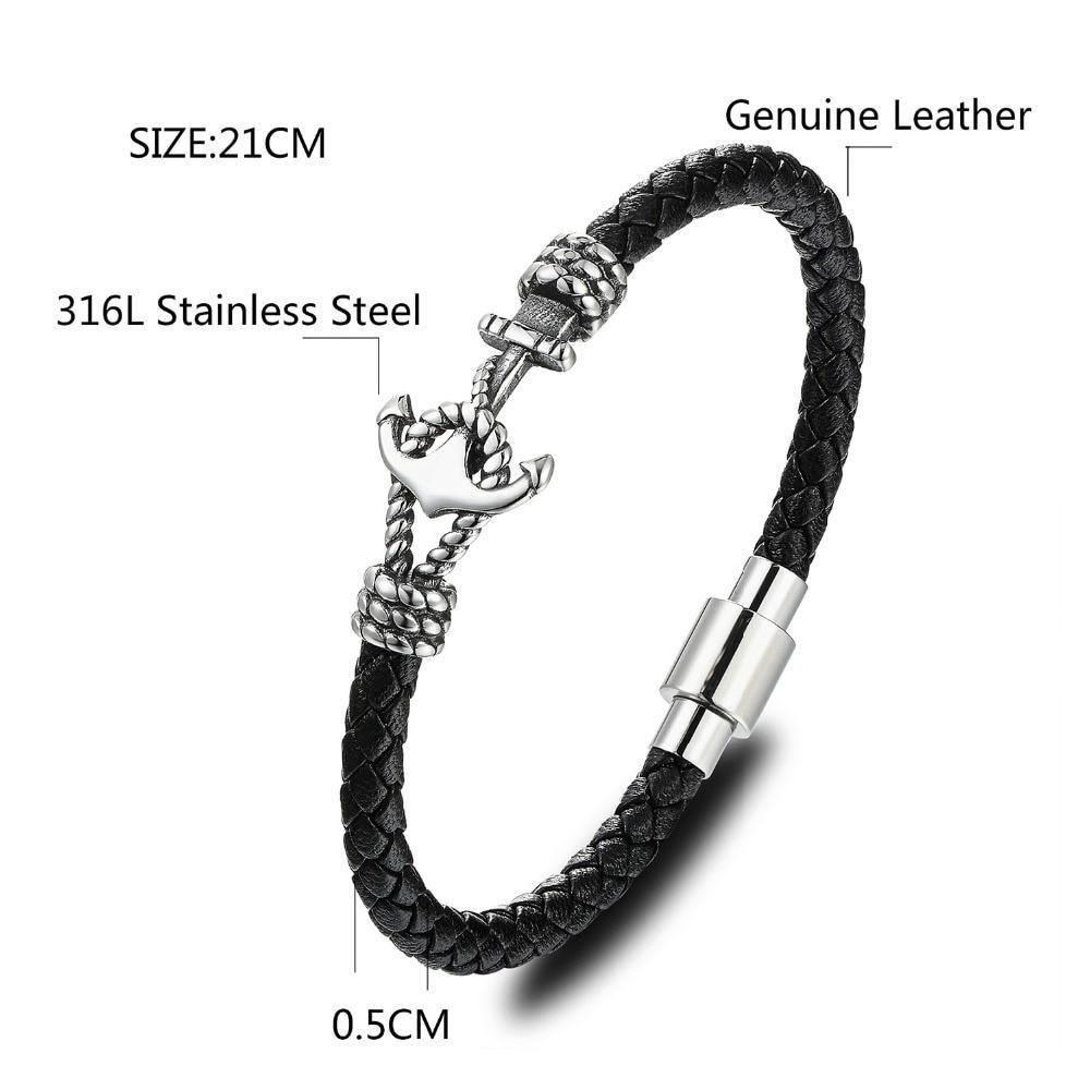 Black Leather Anchor Bracelet for Men and Couples