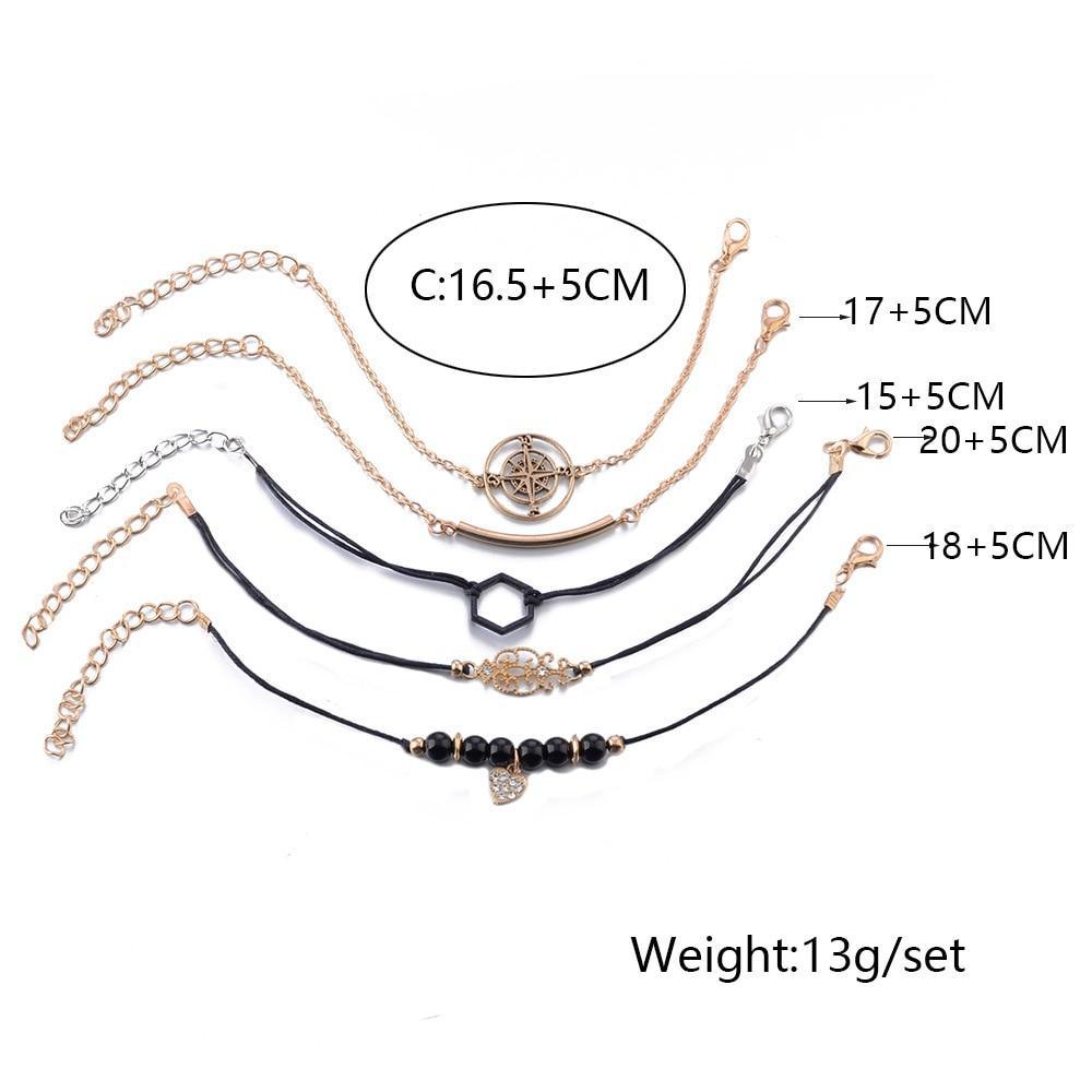 Bohemian Gold Tone Layered Chain Bracelet Set with Compass Charm