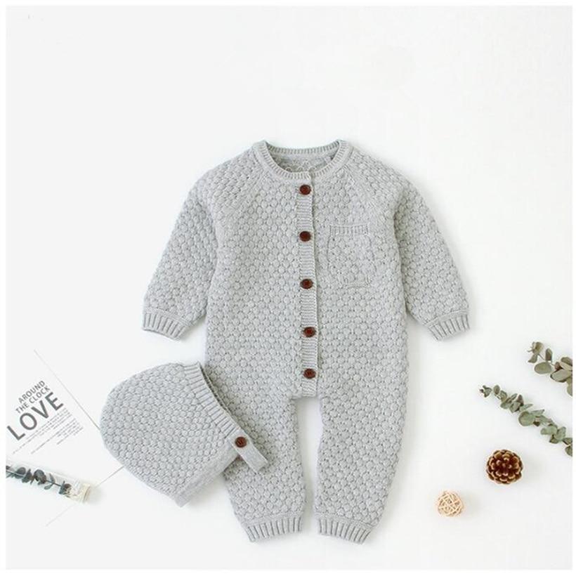 Classic Knitted Cotton Baby Romper with Hat Set for Winter