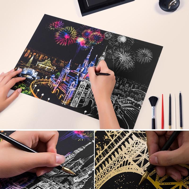 A modern Magic Seascape scratch art print featuring gold and rainbow iridescent lines on a matte black background.