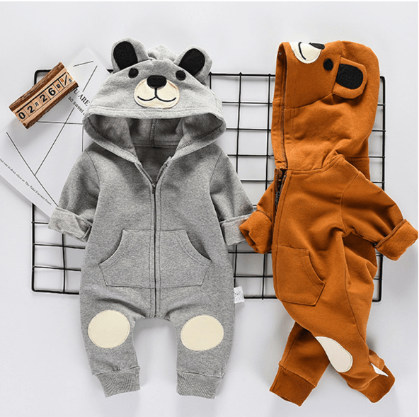 Baby Bear Ear Hooded Romper - Fleece Lined Winter Jumpsuit