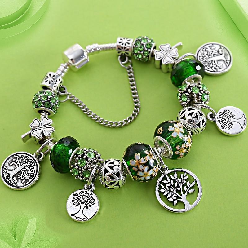 Silver Tree of Life Charm Bracelet with Green Crystals