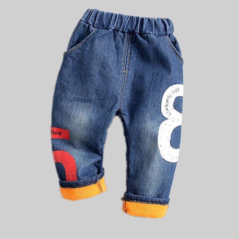 Kids Cotton Denim Winter Pants, Blue and Orange Casual Trousers