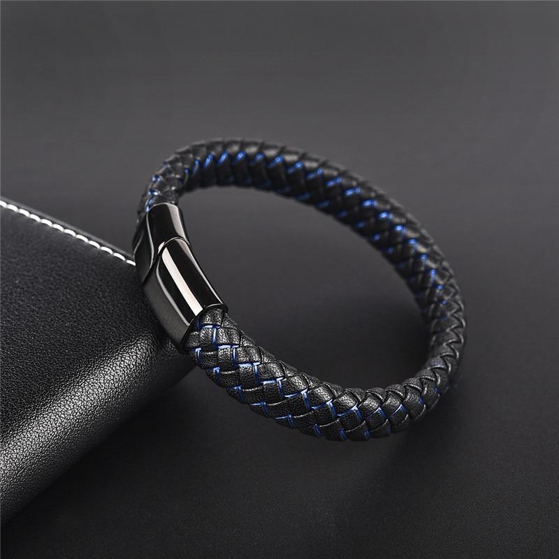 Handmade black and blue braided leather mens bracelet with stainless steel clasp.