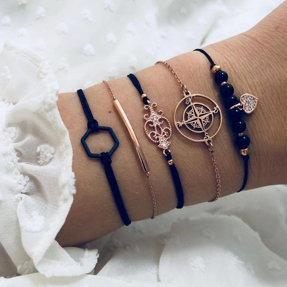 Bohemian Gold Tone Layered Chain Bracelet Set with Compass Charm