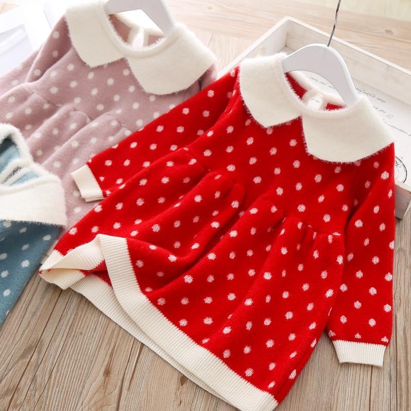 Retro Knit Sweater Dress for Baby Girls - Warm Polka Dot Vintage Look