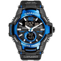 Men's dual-display military-style sport watch with backlit digital screen.