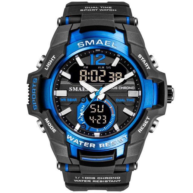 Men's dual-display military-style sport watch with backlit digital screen.