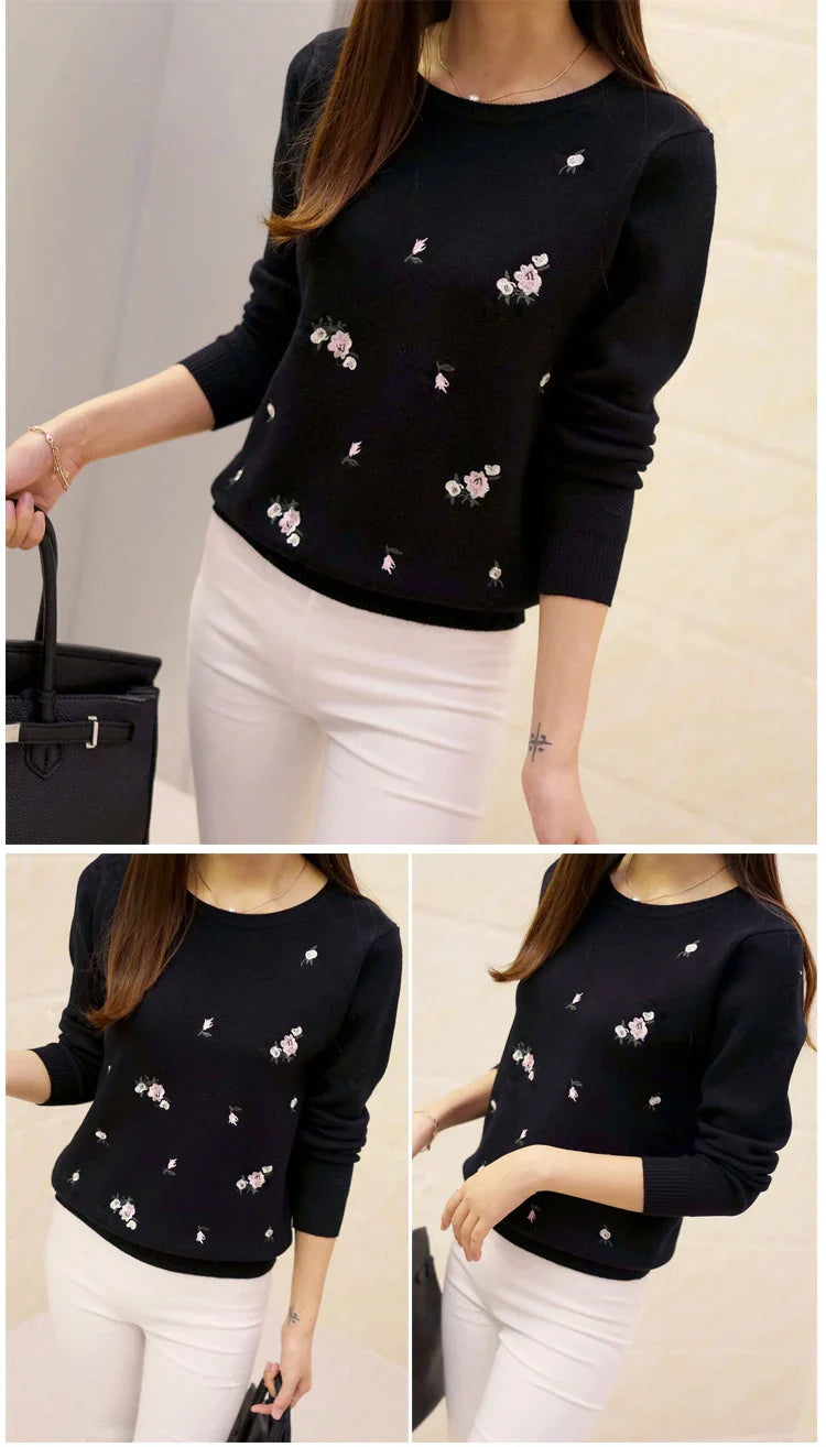Women Floral Embroidered Knit Sweater Long Sleeve Pullover - Image 12