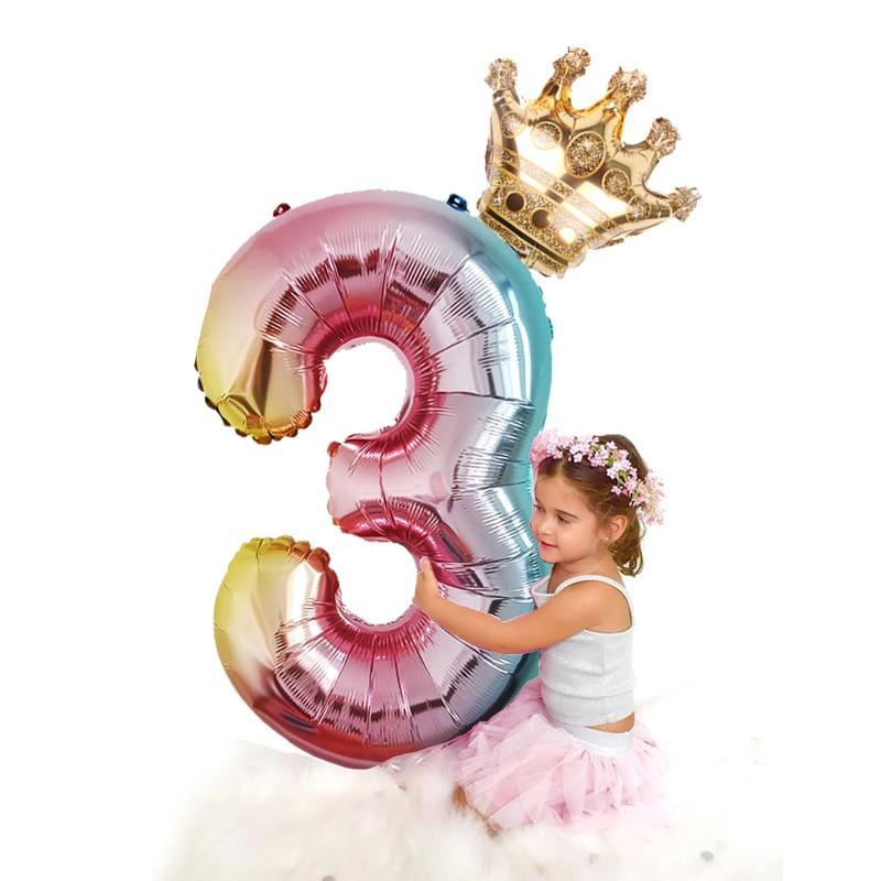 32-Inch Gradient Rainbow Number Balloon with Crown for Birthdays