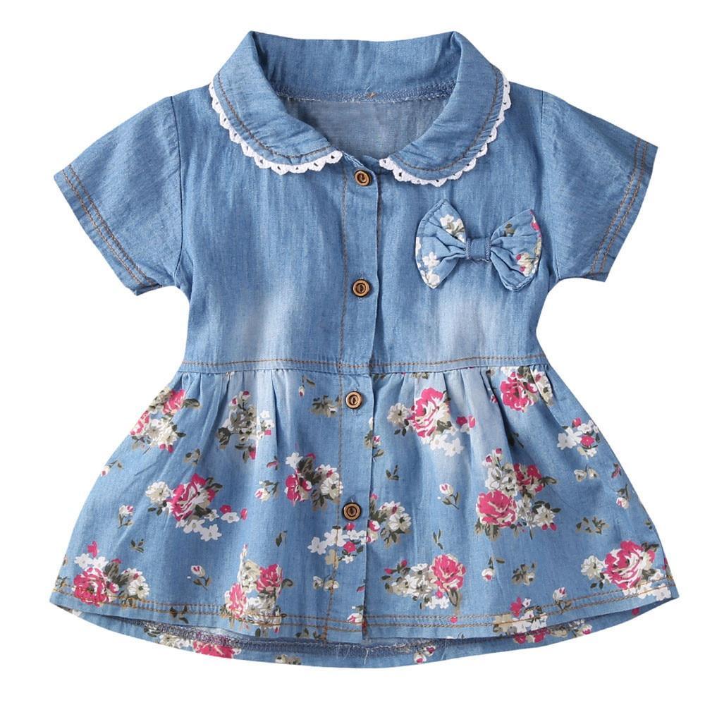 Floral Print Bowknot Princess Dress for Girls - Denim & Cotton Blend