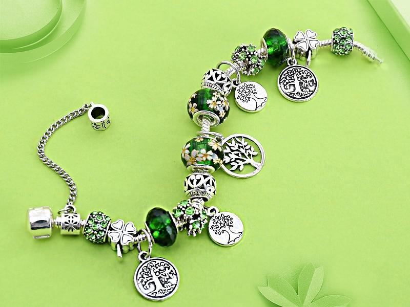 Silver Tree of Life Charm Bracelet with Green Crystals